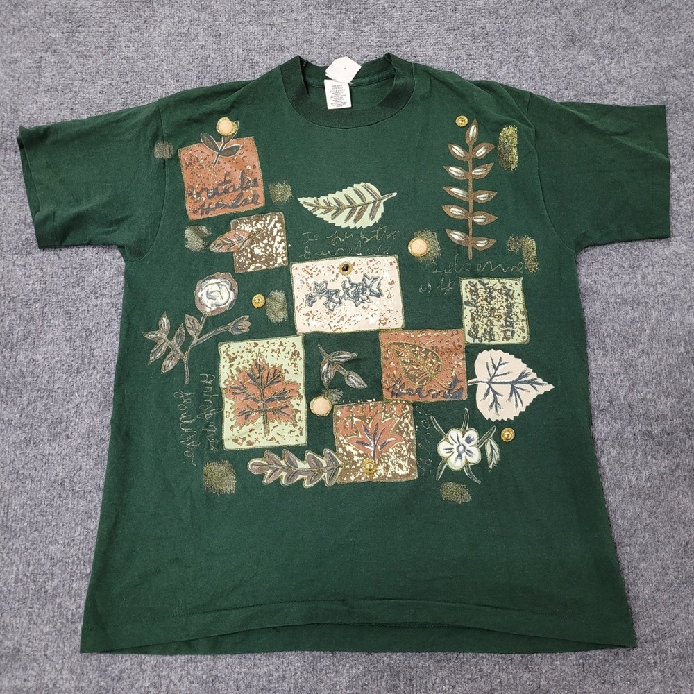 Vintage Graphic T-Shirt Womens Size OS Green Nature Floral Patchwork USA Made